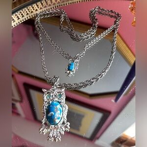 1970's Owl Take Two Layered Lucite Blue Belly Pendant Necklace